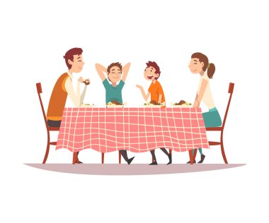 Aile oturma mutfak masada kırmızı damalı masa örtüsü, mutlu ebeveynler ve çocuklar yemek ve diğer vektör Illustration konuşmak
