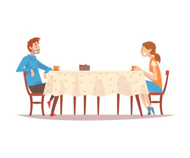 Aile çift mutfak masa ve Içme çay ve konuşan vektör Illustration oturan