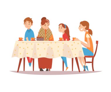 Mutfak masasında oturan mutlu aile, çay Içme ve birbirlerine konuşan, mutlu anne, Büyükanne ve çocuklar birlikte yeme vektör Illustration