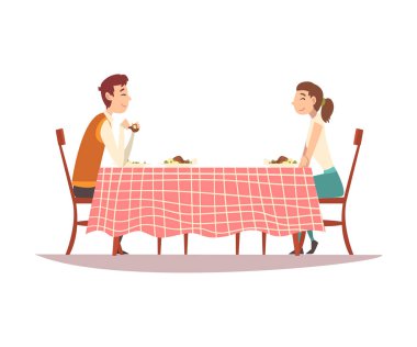 Aile Couple mutfak masasında oturan damalı masa örtüsü, yeme ve diğer vektör Illustration konuşmak