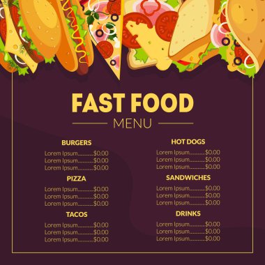 Fast Food menü şablonu, Restoran broşürü, tako, sandviç, sosisli sandviçler, hamburgerler ve Içecekler listesi vektör Illustration