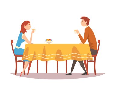 Mutfak masasında oturan aile çift, çay Içme ve birbirlerine konuşan, erkek ve kadın birlikte yeme vektör Illustration