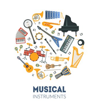 Müzik aletleri banner şablon yuvarlak şekil vektör Illustration Dikişsiz deseni ile