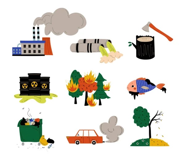 Conjunto de Problemas Ecológicos, Contaminación Ambiental de la Tierra, Agua, Aire, Deforestación Vector Illustratio — Archivo Imágenes Vectoriales