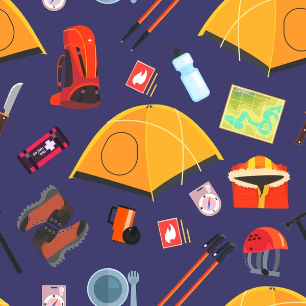 Équipement d'expédition Modèle sans couture, Accessoires de camping et d'alpinisme, Élément de conception peut être utilisé pour le papier peint, Emballage, Illustration vectorielle de fond — Image vectorielle