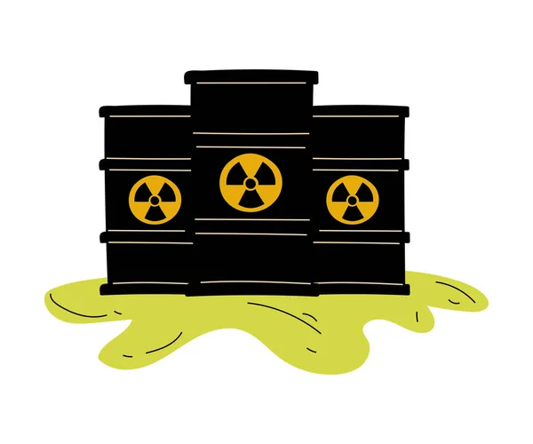 Barriles de flujo de residuos nucleares, problema ecológico, contaminación ambiental por productos químicos e industria Residuos Vector ilustración — Vector de stock