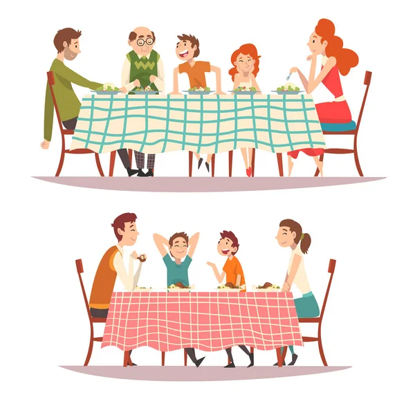 Щасливі сім'ї сидять на кухонному столі з картаті набір скатертину, їдять їжу і розмовляли один з одним, щасливі батьки і діти разом з векторною ілюстрацією — стоковий вектор
