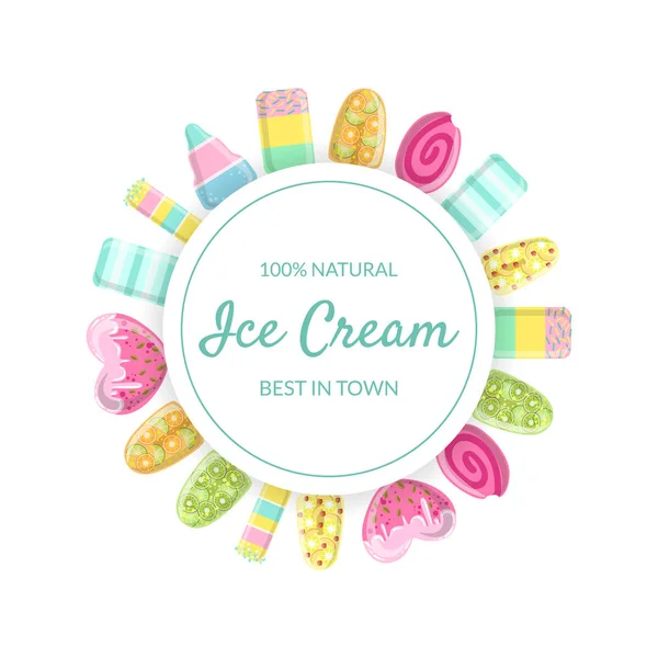 Szablon Ice Cream banner, 100 procent Natural, najlepsze w mieście, pyszne słodki deser, kawiarnia, Cukiernia lub Sklep promocyjny plakat, etykieta, odznaka wektor ilustracja — Wektor stockowy