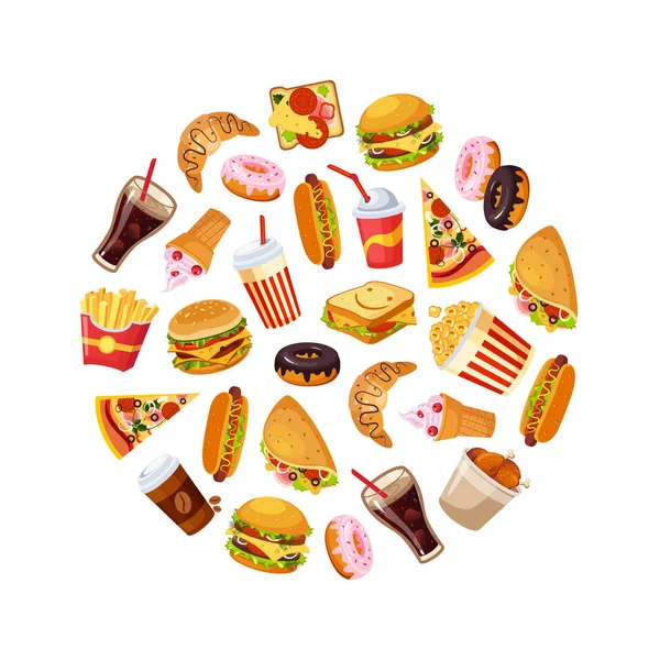 Snabbmat rätter i cirkulär form, croissant, donut, glass, Burger, popcorn, Hamburger sömlösa mönster vektor illustration — Stock vektor