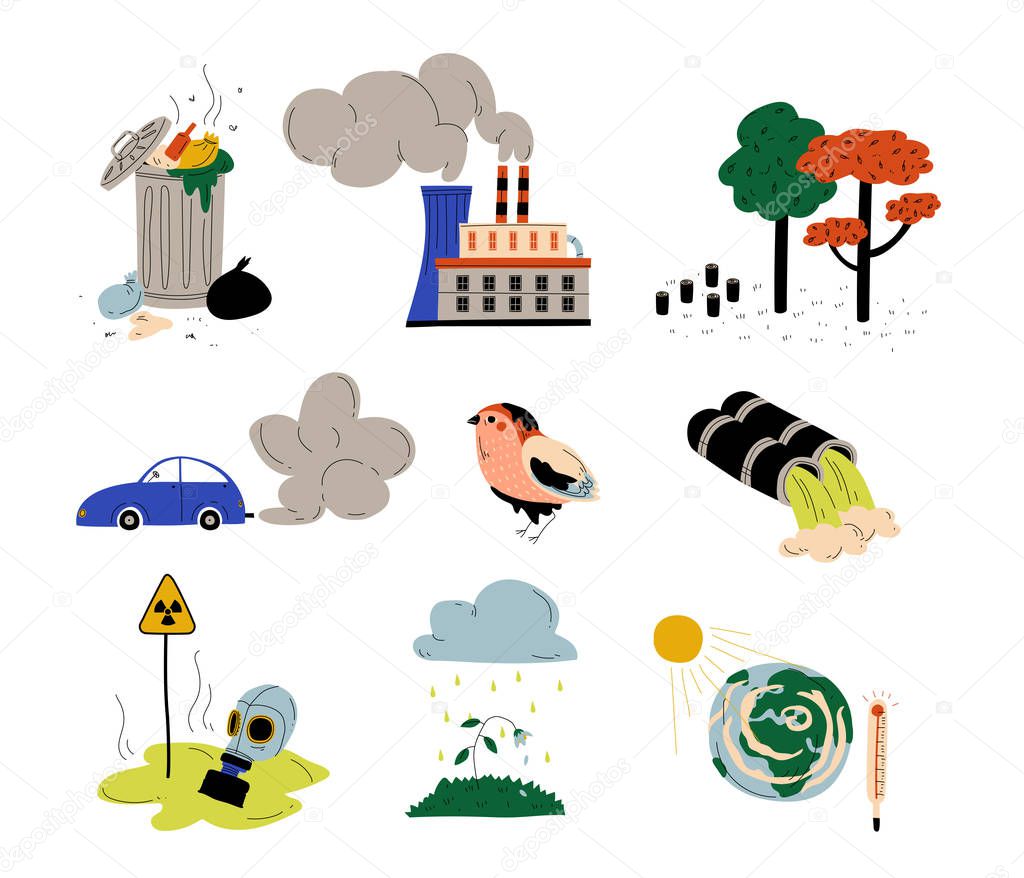 Ecological Problems Set, Environmental Pollution of Earth, Water, Air, Deforestation, Global Warming, Acid Rain Vector Illustration