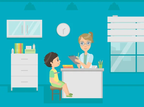 Vrouwelijke kinderarts Doctor Consulting jongen patiënt in medische Office vector illustratie — Stockvector