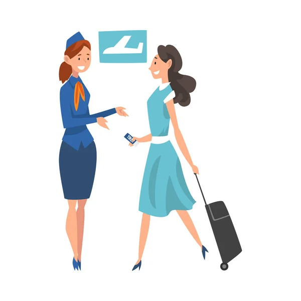 Stewardess controleren ticket documenten op jonge vrouw op luchthaven vector illustratie — Stockvector