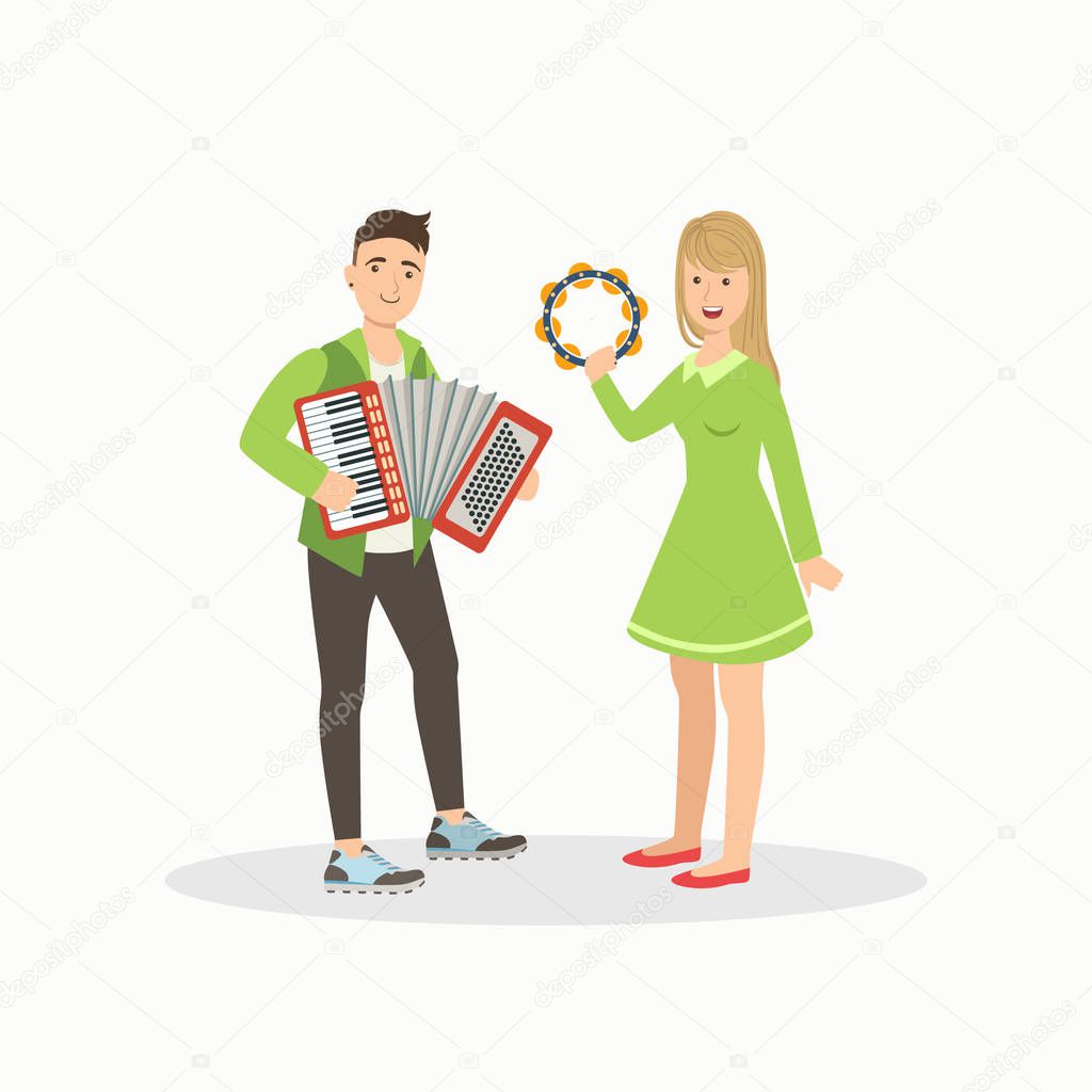 Man and Woman Playing Accordion and Tambourine, People Performing at Concert or Music Festival Vector Illustration