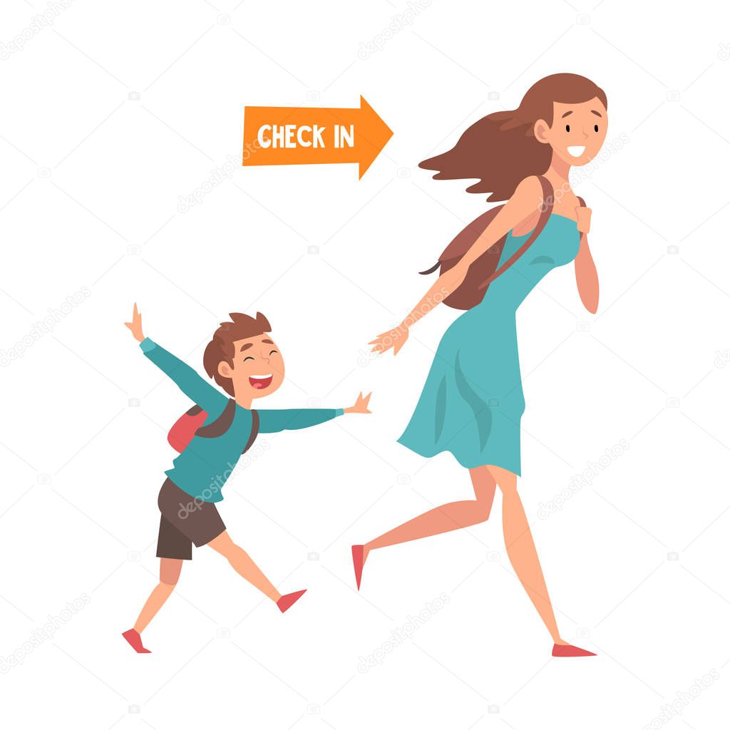 Madre y su hijo corriendo con sus bolsas para coger el vuelo, pasajeros