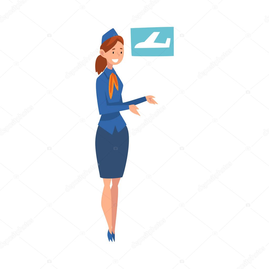 Smiling Stewardess Character Wearing Blue Uniform Doing Welcome Gesture Vector Illustration