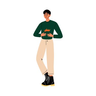 Genç adam vücudu hastalığı veya yaralanma vektör Illustration neden vücutta karın ağrısı Feeling, midesinde Hands holdıng
