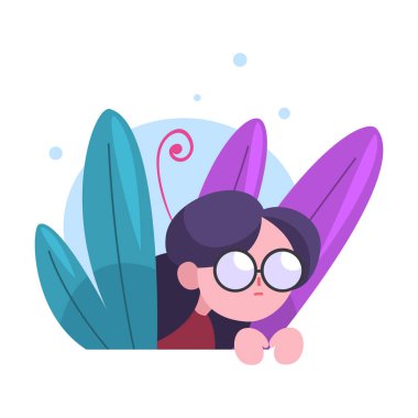 Gözlüklerde gizleme sevimli esmer kız, çimen vektör Illustration dışarı Peeking sevimli çocuk