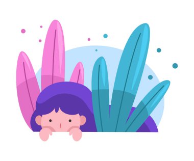 Cute Adorable Girl Hiding Peeking Out of Grass, Bright Imaginary World Vector Illustration clipart