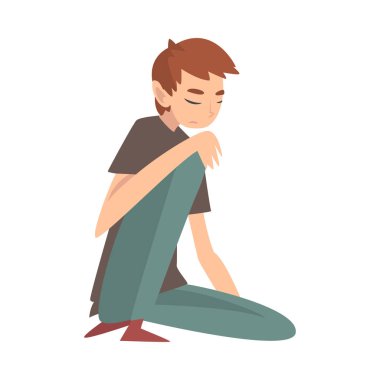 Mutsuz sad çocuk yerde oturan, depresif, yalnız, endişeli, Istismar genç sorunları vektör Illustration