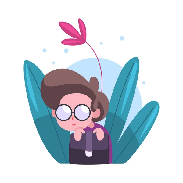 Cute Little Boy in Glasses Hiding in Bushes, Adorable Kid Peeking Out of Dense Grass Vector Illustration — Stock Vector