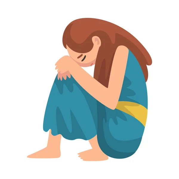 Menina deprimida sentada no chão abraçando seus joelhos, infeliz adolescente estressado, solitária, ansiosa, abusada menina vetor ilustração — Vetor de Stock
