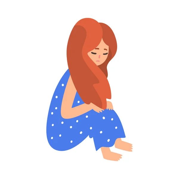 Fille déprimée assise sur le sol étreignant ses genoux, Adolescente malheureuse, seule, anxieuse, fille maltraitée Illustration vectorielle — Image vectorielle