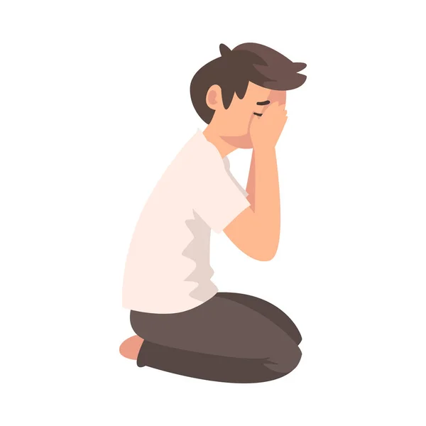 Menino triste infeliz sentado no chão e rosto fechado por mãos, adolescente deprimido com problemas ilustração vetorial —  Vetores de Stock