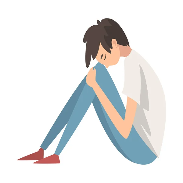 Niño deprimido sentado en el suelo abrazando sus rodillas, adolescente infeliz estresado, solitario, ansioso, abusado Boy Vector Illustration — Vector de stock