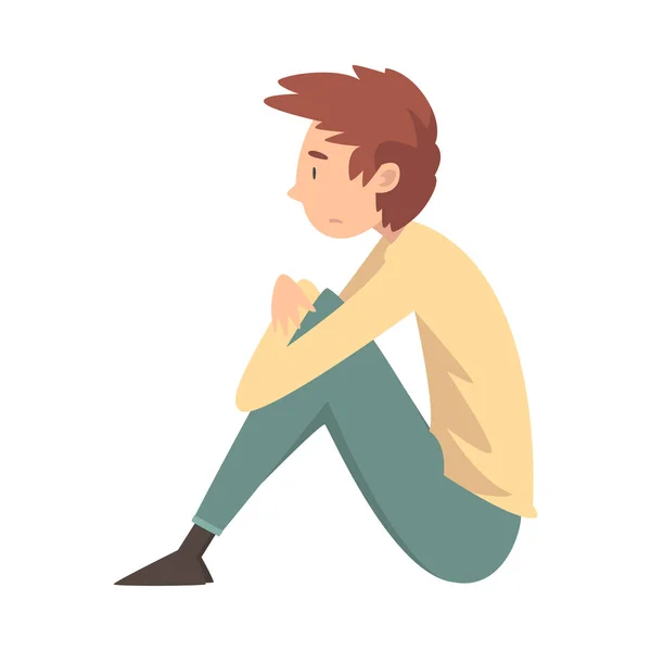 Boldogtalan szomorú fiú ülő-ra emelet, lapos tizenéves birtoklás probléma, oldal kilátás vektor illusztráció — Stock Vector