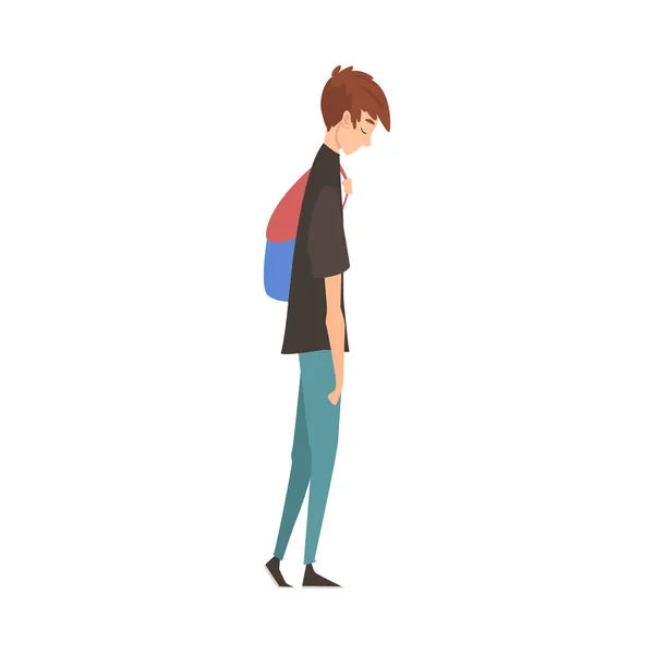 Olycklig ledsen kille stående med ryggsäck, deprimerad tonåring har problem, betonade elev vektor illustration — Stock vektor