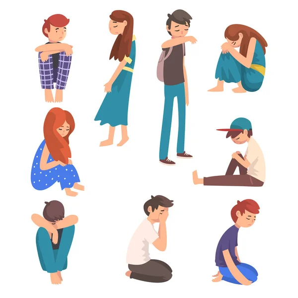 Unhappy Sad Boys and Girls Set, Depressed, Lonely, Anxious, Abused Teenagers Having Problems, Stressed Students Vector Illustration — Stock Vector
