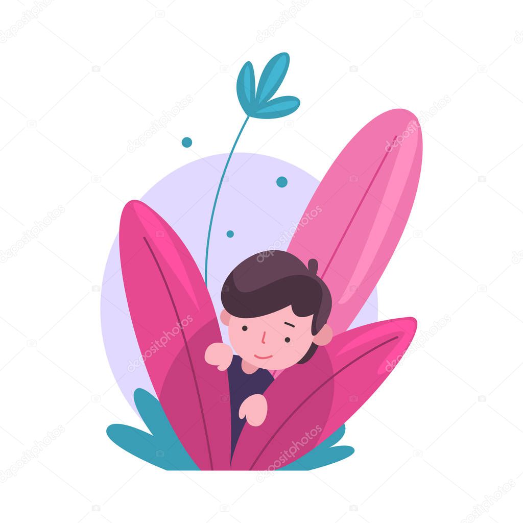 Cute Little Boy Hiding in Bushes, Adorable Kid Peeking Out of Colorful Dense Grass Vector Illustration