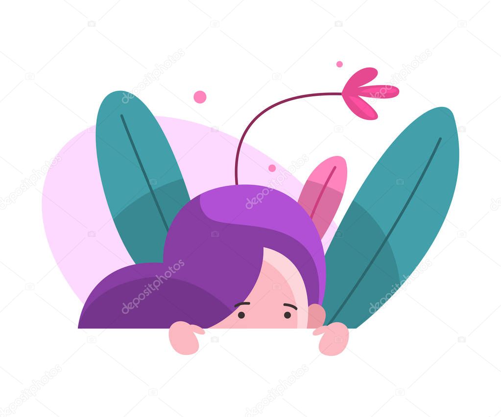 Cute Adorable Girl Peeking Out of Behind Wall Vector Illustration