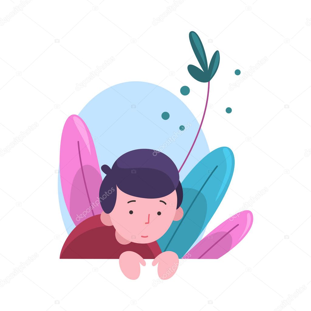 Cute Adorable Boy Peeking Out of Behind Wall Vector Illustration