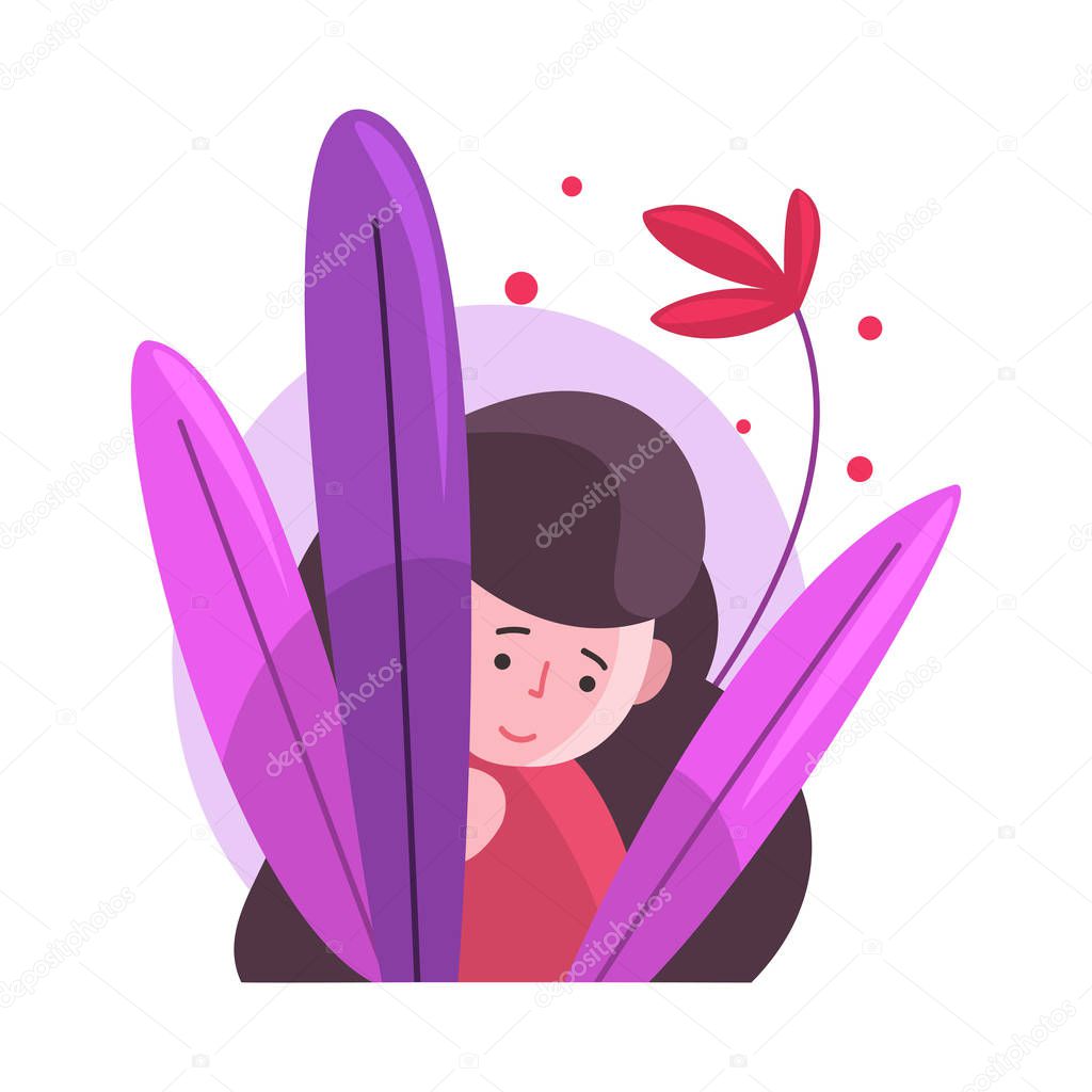 Cute Long Haired Brunette Girl Hiding and Peeking Out of Colorful Dense Grass Vector Illustration
