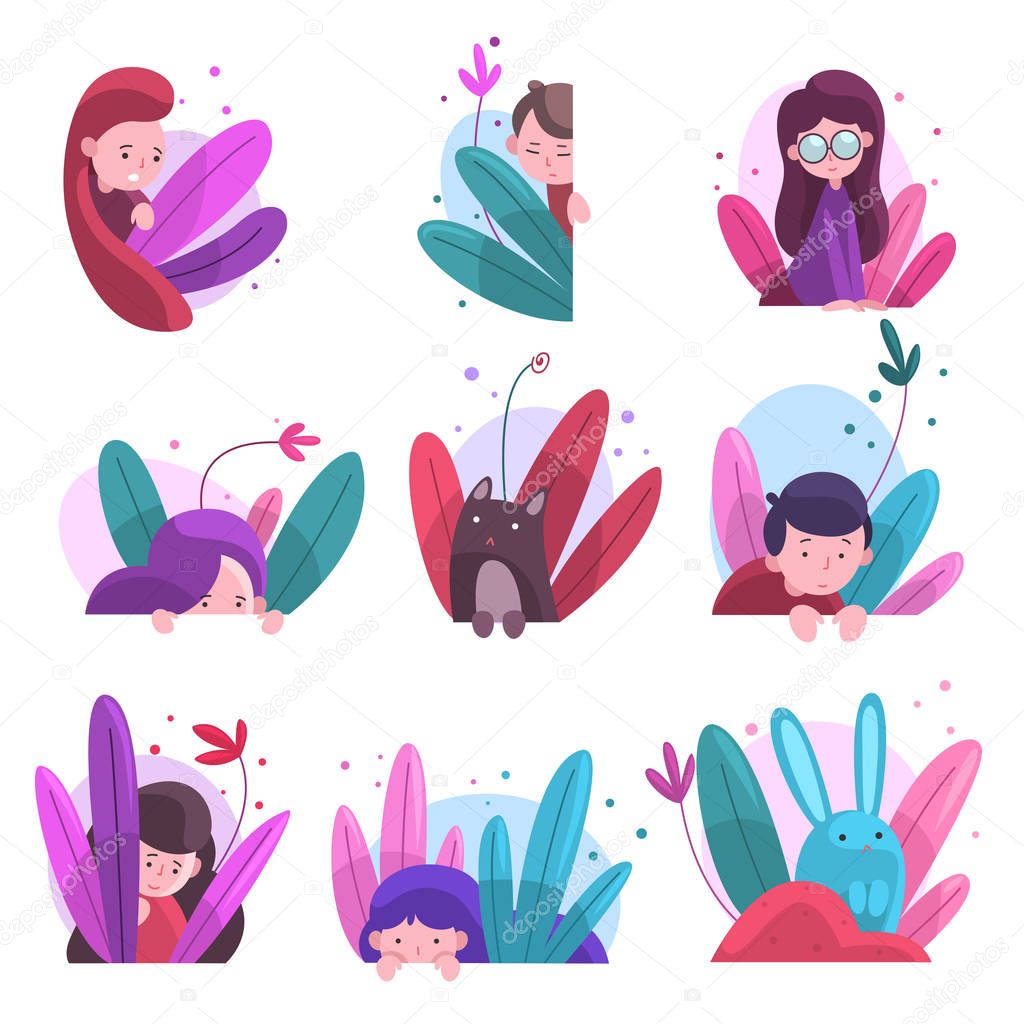 Cute Boys, Girls and Animals Hiding in Bushes Set, Adorable Kids, Bunnies and Cat Peeking Out of Colorful Dense Grass, Bright Imaginary World Vector Illustration