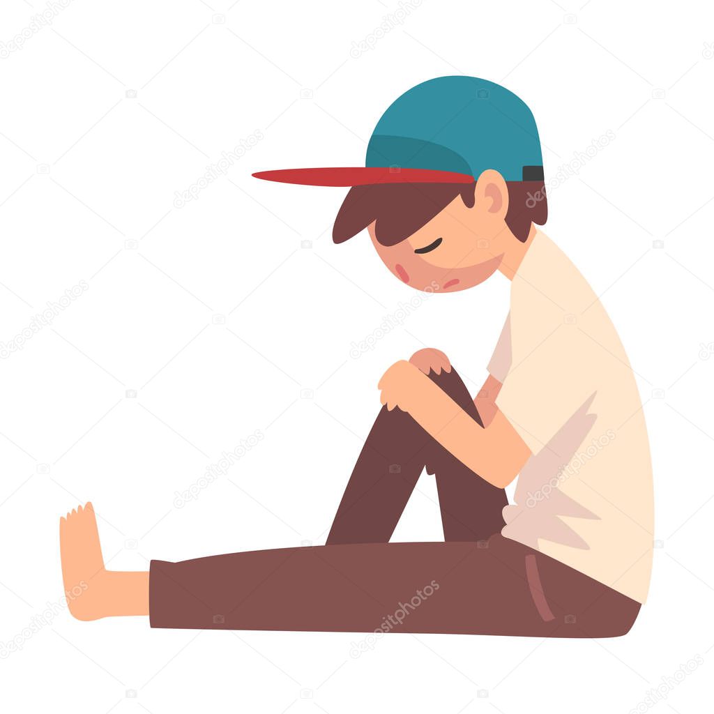 Depressed Boy Sitting on Floor, Unhappy Stressed Teenager, Lonely, Anxious, Abused Boy Vector Illustration