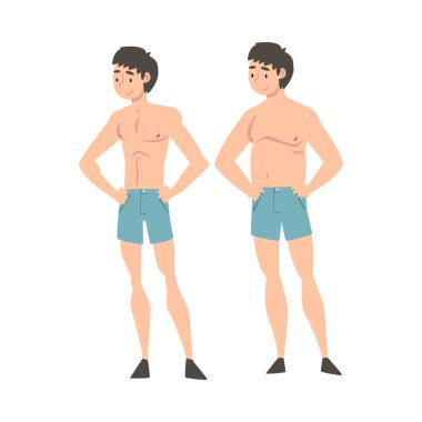 Genç adam Iç çamaşırı önce ve sonra kilo kaybı, erkek vücut değişen sağlıklı beslenme veya spor vektör Illustration