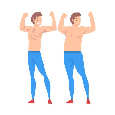 Yağ ve Ince adam, önce ve kilo kaybı sonra adam, sağlıklı beslenme veya spor vektör Illustration Through erkek vücut değiştirme