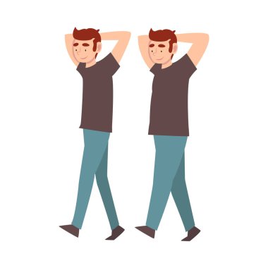 Rahat kıyafetler adam atılan eller ile yürüyüş, önce ve kilo kaybı sonra genç adam, sağlıklı beslenme veya spor vektör Illustration Through erkek vücut değiştirme