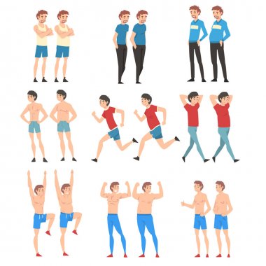 Erkekler önce ve kilo kaybı set sonra, çocuklar sağlıklı beslenme veya spor vektör Illustration Through değiştirme