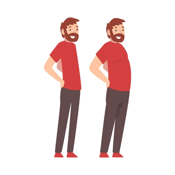 Homem barbudo antes e depois da perda de peso, corpo masculino mudando através de nutrição saudável ou ilustração do vetor esportivo — Vetor de Stock