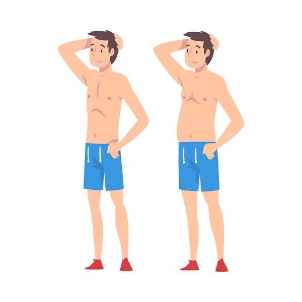 Ung man före och efter viktminskning, kille i shorts, manlig kropp förändras genom hälsosam kost eller sport vektor illustration — Stock vektor