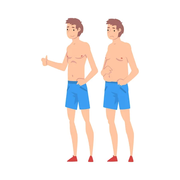 Gordura e magro homem em shorts, cara antes e depois da perda de peso, corpo masculino mudando através de nutrição saudável ou esportes Vector Ilustração — Vetor de Stock