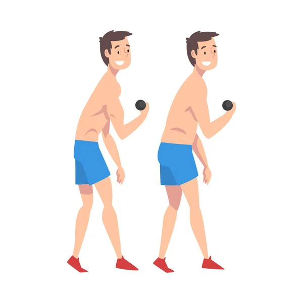 Férfi sportoló gyakorlása a súlyzók, mosolygós Guy előtt és után fogyás, férfi Body megváltoztatása révén diéta vagy sport Vector illusztráció — Stock Vector