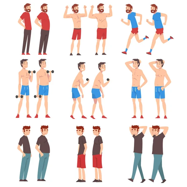 Tlustý a štíhlý muži set, muži před a po ztrátě váhy, mužské těla měnící se prostřednictvím zdravé výživy nebo sportovní vektorová ilustrace — Stockový vektor