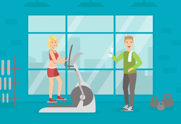 Athletic People Doing Sport Exercises in Gym, Woman Running on Treadmill, Sport Gym Interior with Workout Equipment Vector Illustration