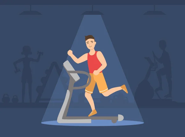 Athletic Man Running on Treadmill, Guy Doing Sport Exercises in Gym Vector Illustration