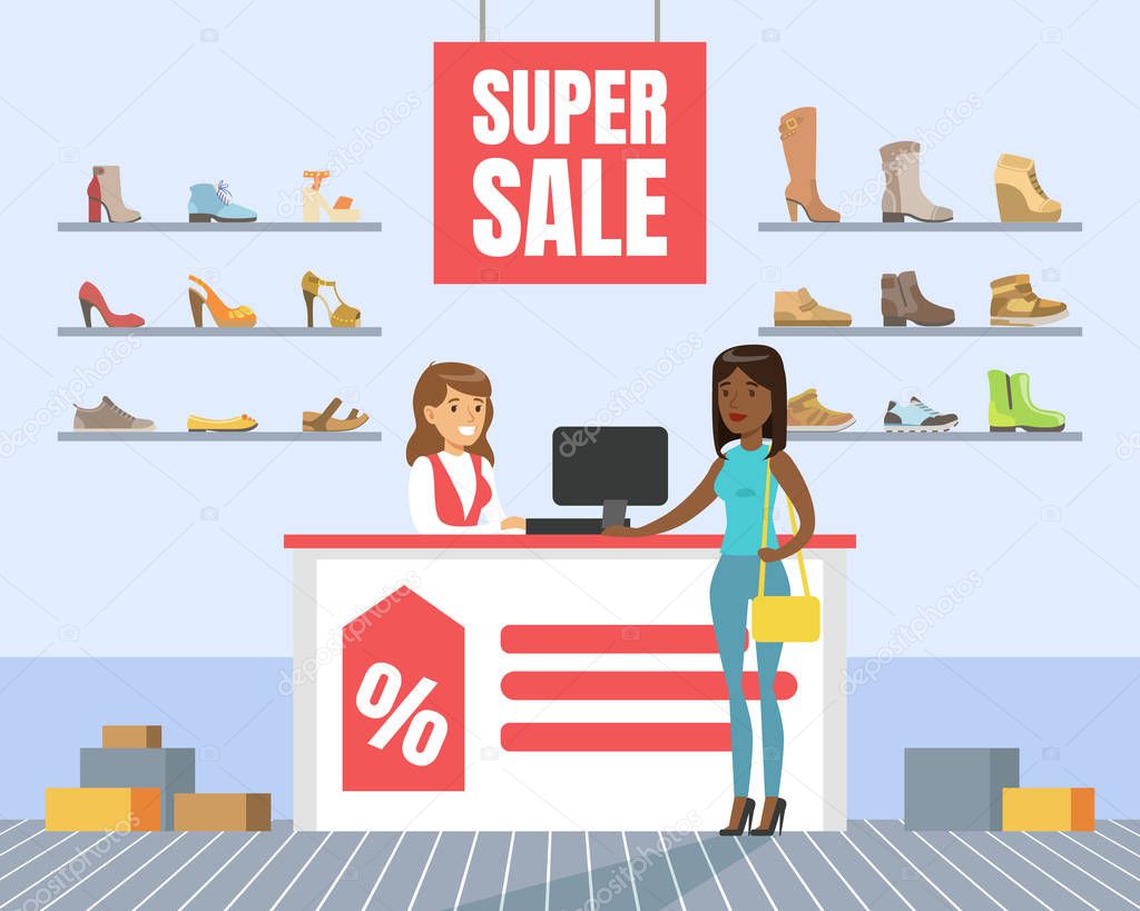 Woman Choosing and Buying Shoes in Store, Shoes Store Interior, Girl Shopping in Mall Vector Illustration