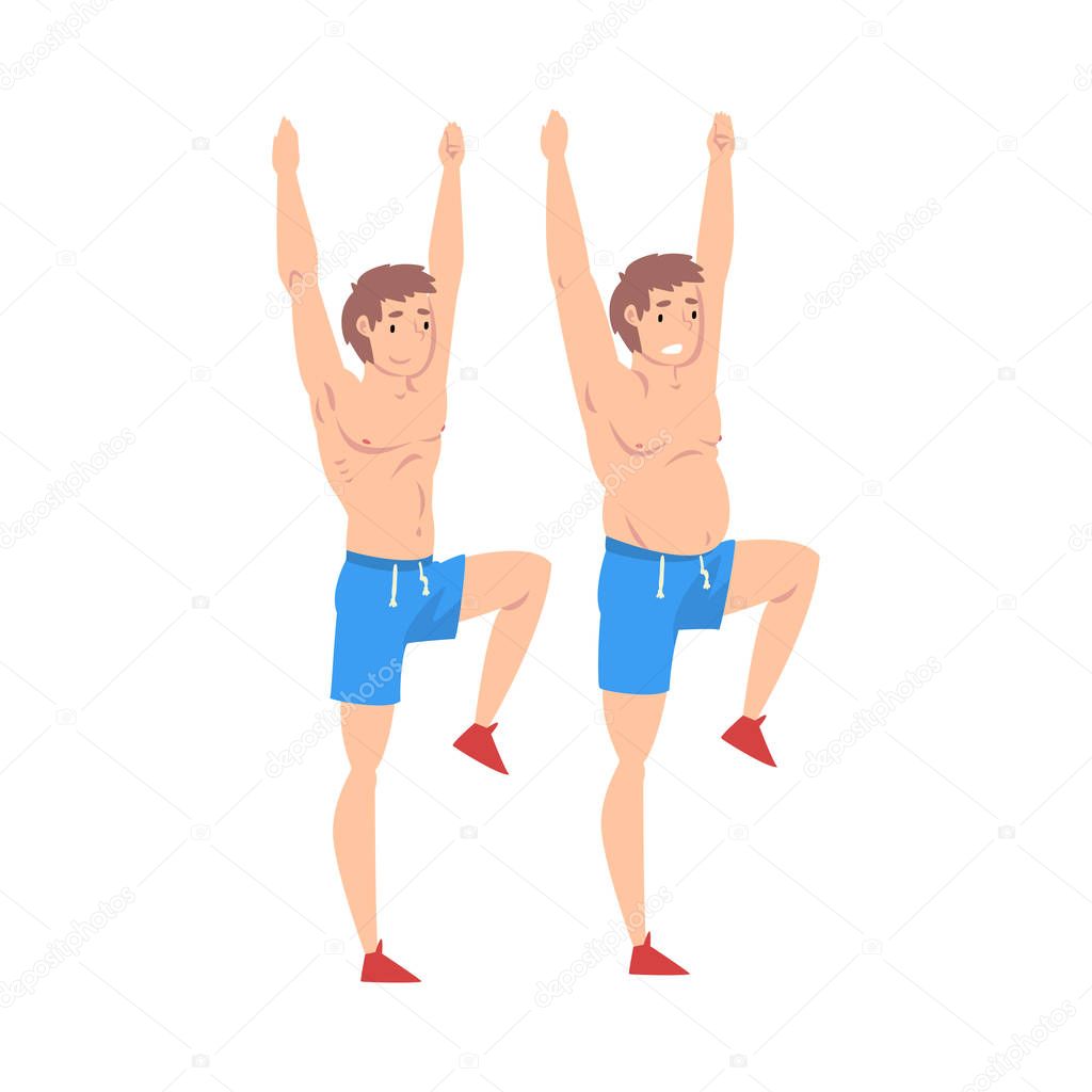 Man in Shorts Doing Sports, Guy Before and After Weight Loss, Male Body Changing Through Healthy Nutrition or Sports Vector Illustration